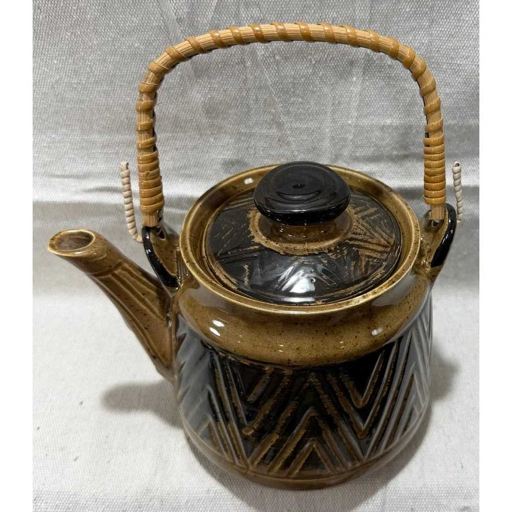 Vintage Japanese Ceramic Teapot Woven Bamboo Handle Brown Geometric MCM Japan
